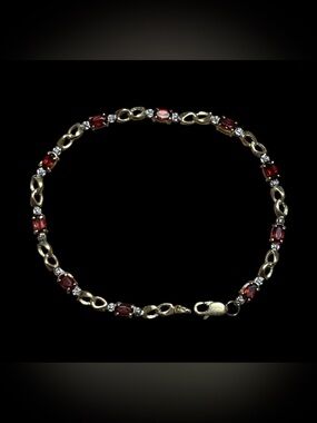 10k Gold Red Garnet Link Bracelet with Tiny Diamond Accents